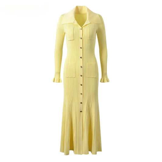 Women Knit Long Sleeve Single-breasted Turn-down Collar Ladies  Maxi Long dress