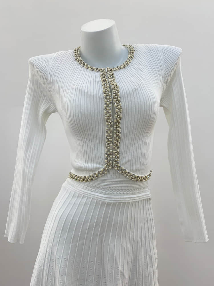 Diamond-studded crew neck cardigan or backless dress