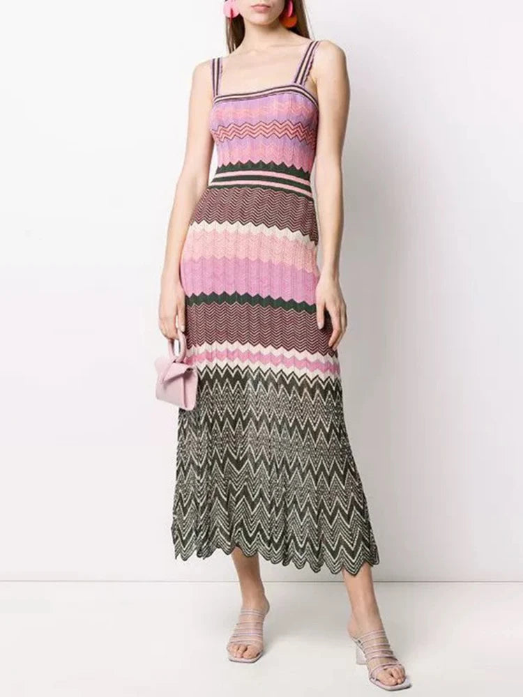 Clashing color striped wave edge knitted dress temperament elegant resort style women's dresses 2024 autumn new