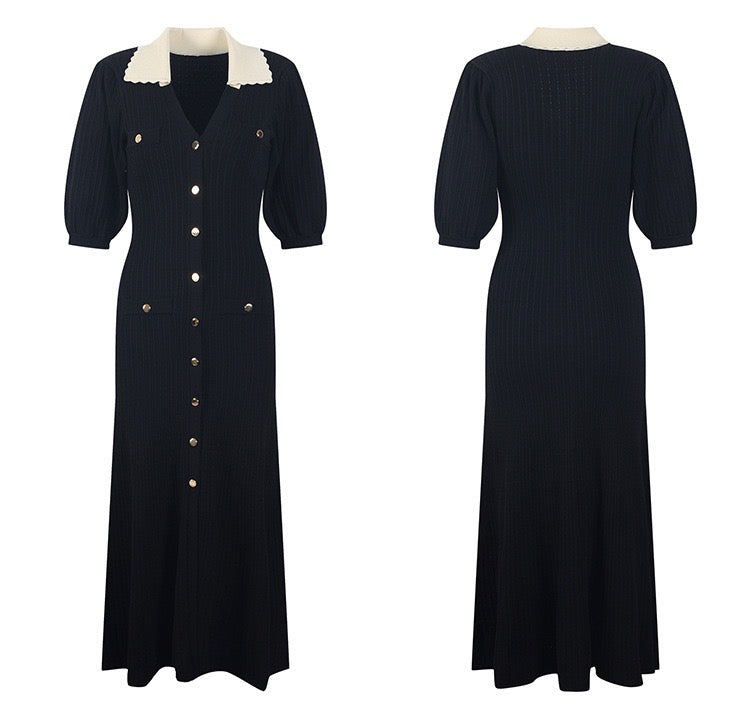 Women's black short-sleeved knitted slim dress