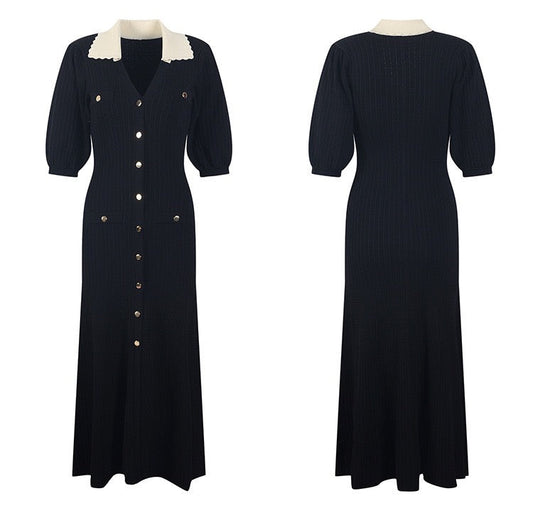 Women's black short-sleeved knitted slim dress