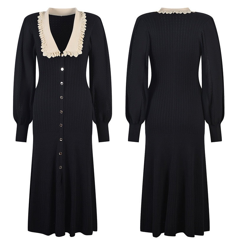 Womens Black Lapel Knit Long Sleeve Party Dress