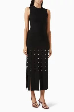 Women's black pearl decoration maxi dress round neck sleeveless slim fit elegant ladies dress