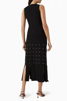 Women's black pearl decoration maxi dress round neck sleeveless slim fit elegant ladies dress