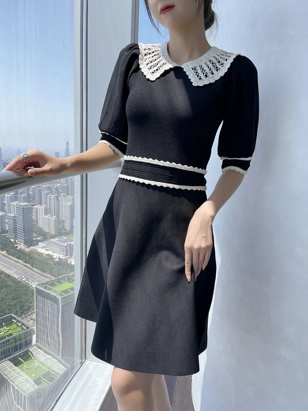 Short Sleeve Colorblock Wear Women Knit Mini A-line Dress
