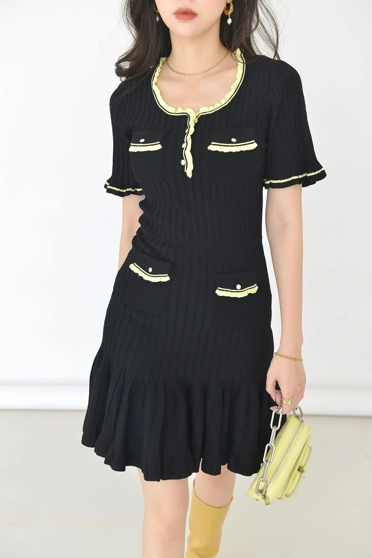 Lady Short Sleeve Colorblock Wear Women Knit Mini Fit And Flare Dress