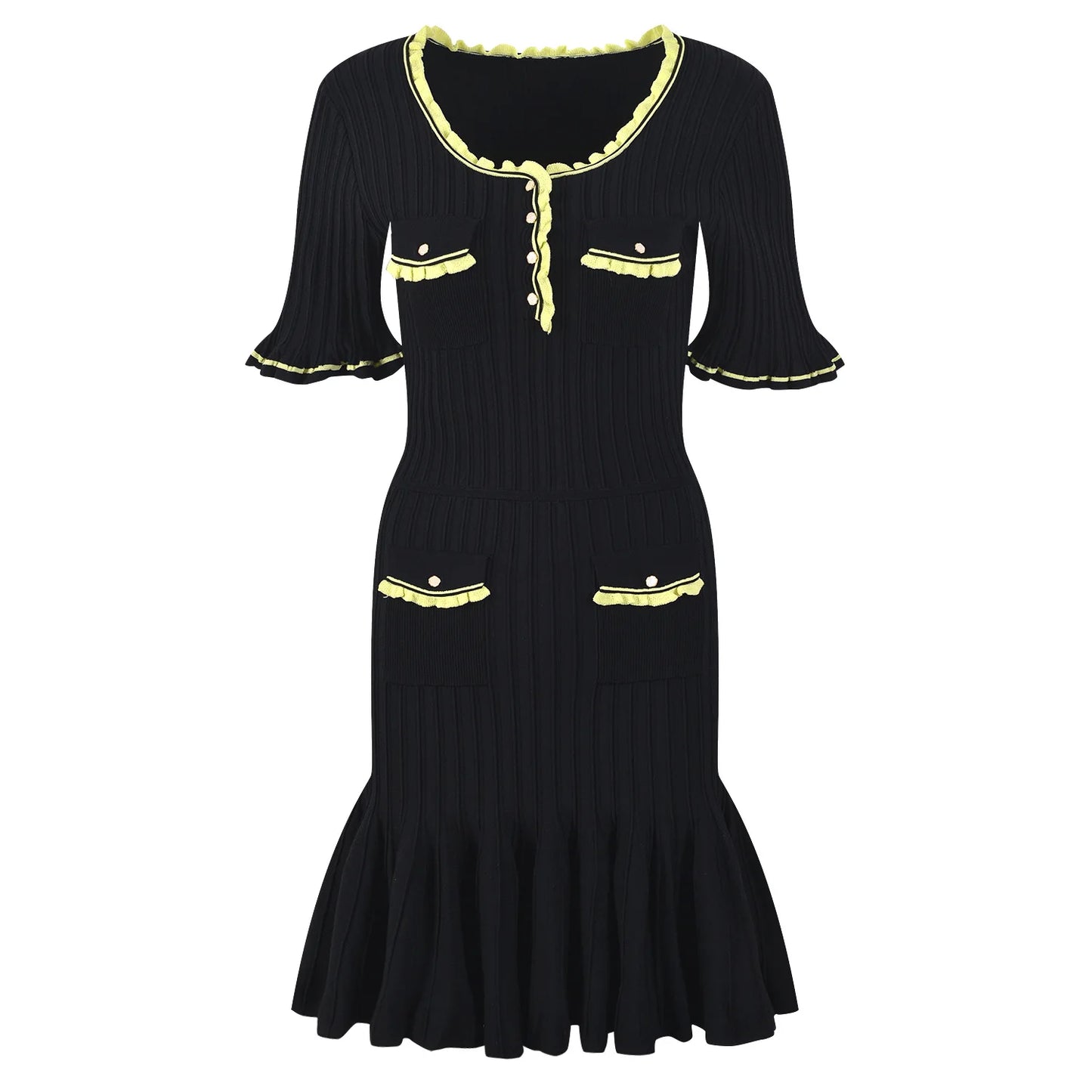 Lady Short Sleeve Colorblock Wear Women Knit Mini Fit And Flare Dress