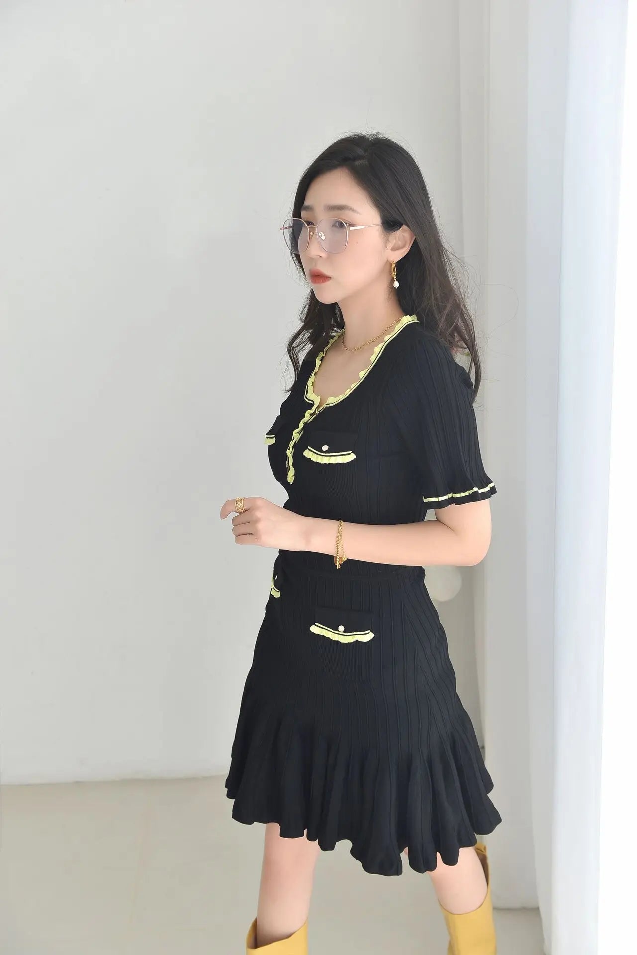 Lady Short Sleeve Colorblock Wear Women Knit Mini Fit And Flare Dress