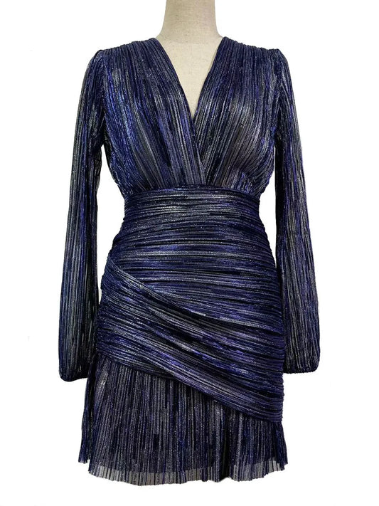 Sexy V-neck Pleated Dress Long Sleeve Wrap Waist