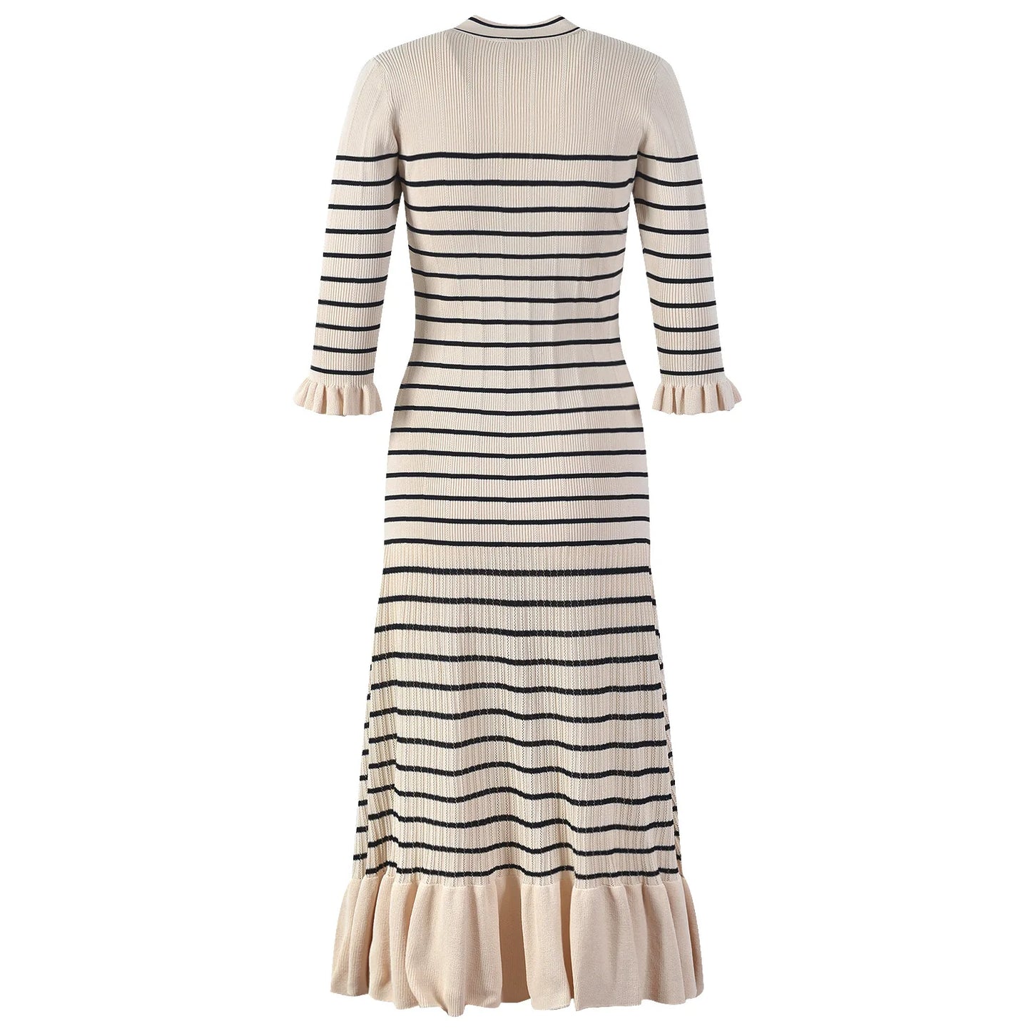 Women Full Long Stripped Knitted Dress V-neck Flare Sleeve Quality Gorgeous Designing