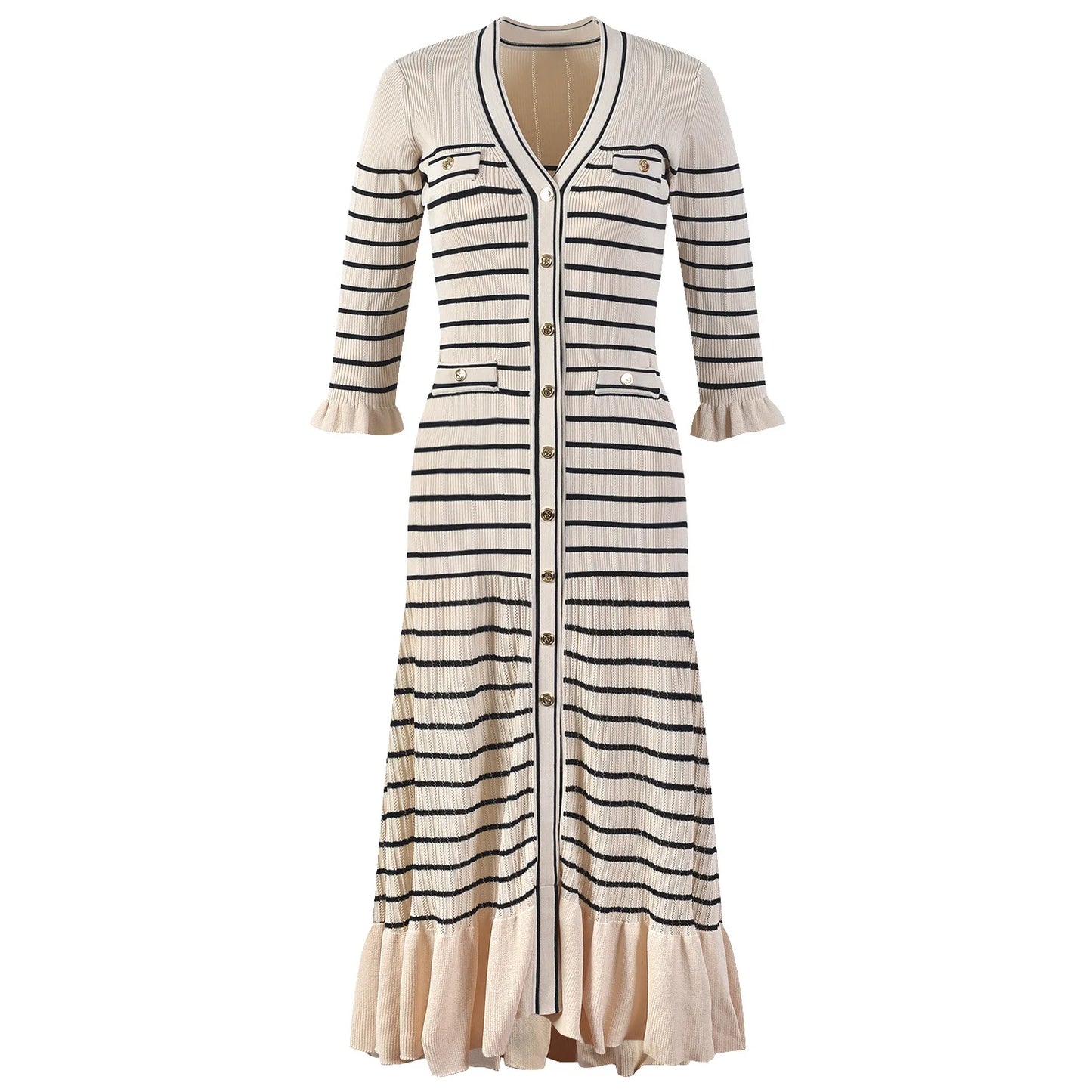 Women Full Long Stripped Knitted Dress V-neck Flare Sleeve Quality Gorgeous Designing