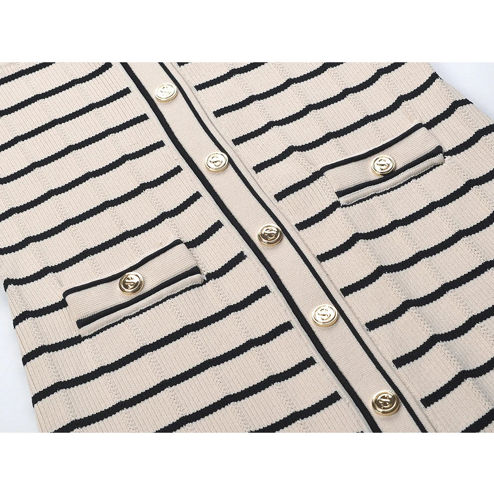 Women Full Long Stripped Knitted Dress V-neck Flare Sleeve Quality Gorgeous Designing