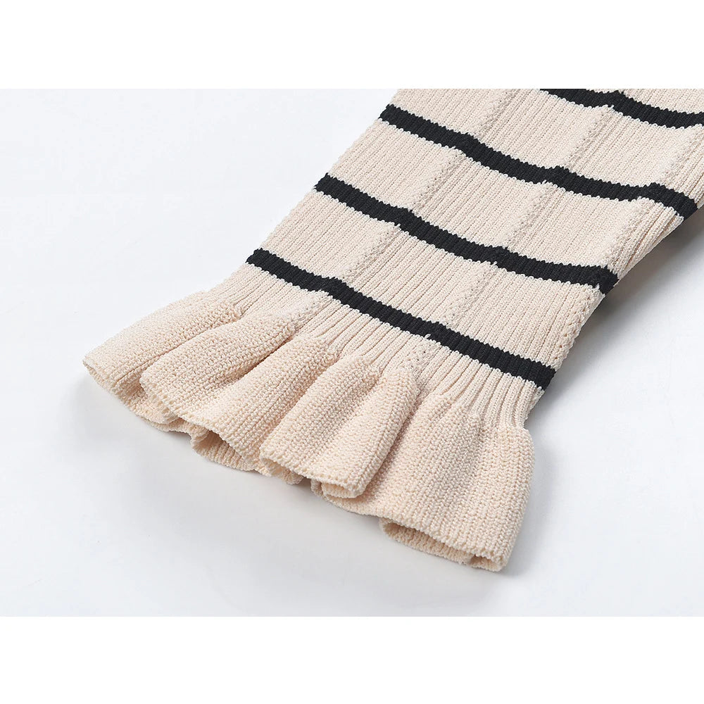 Women Full Long Stripped Knitted Dress V-neck Flare Sleeve Quality Gorgeous Designing