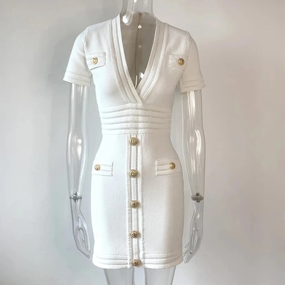HarleyFashion Women Classic Design Deep V-neck Short Sleeve Buttons White Color Knitting Sheath Street Straight Mini Dress