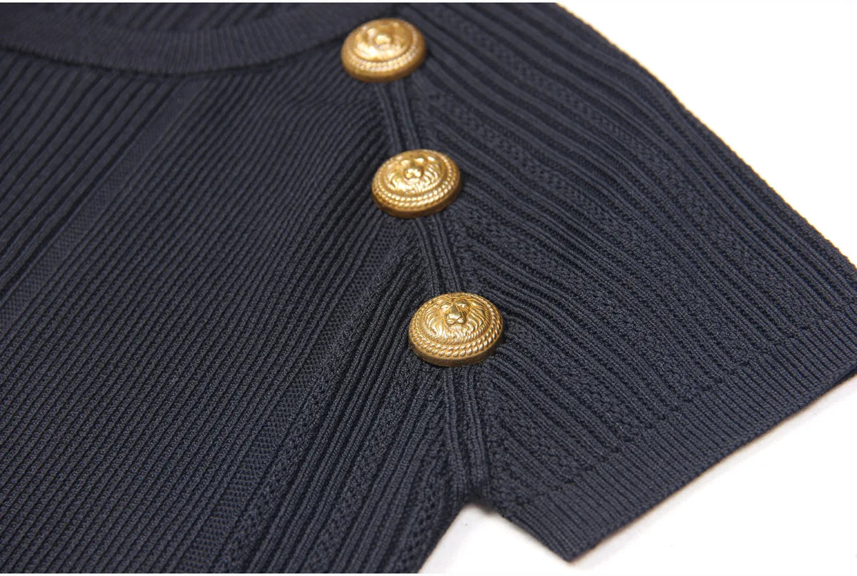 O-neck Short Sleeve Tops Slim Fitted Single-breasted Midi Skirt Women Knits 2Pcs