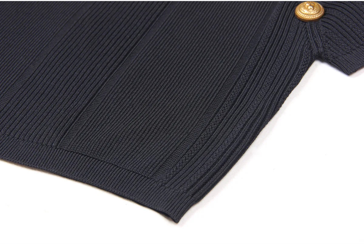 O-neck Short Sleeve Tops Slim Fitted Single-breasted Midi Skirt Women Knits 2Pcs