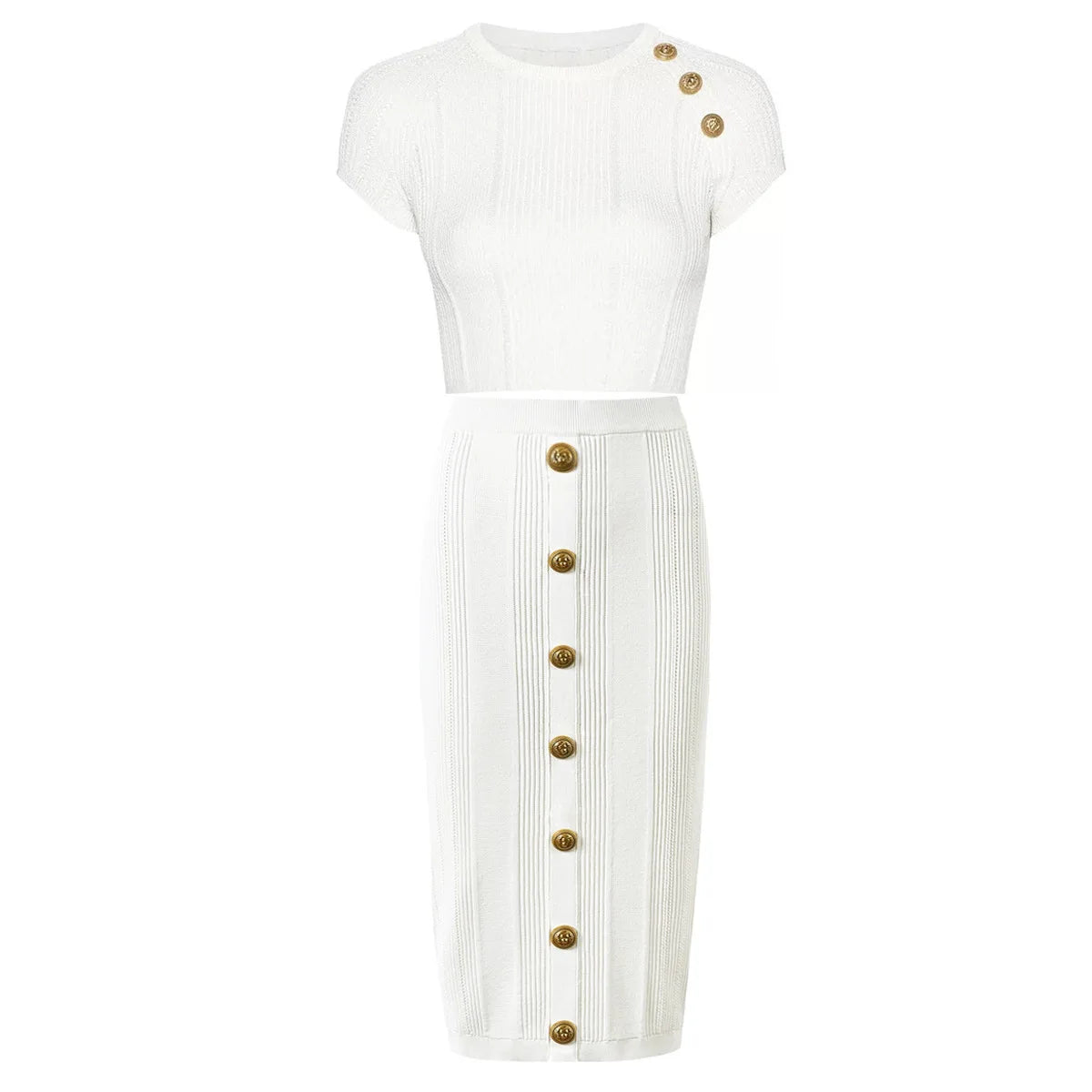 O-neck Short Sleeve Tops Slim Fitted Single-breasted Midi Skirt Women Knits 2Pcs