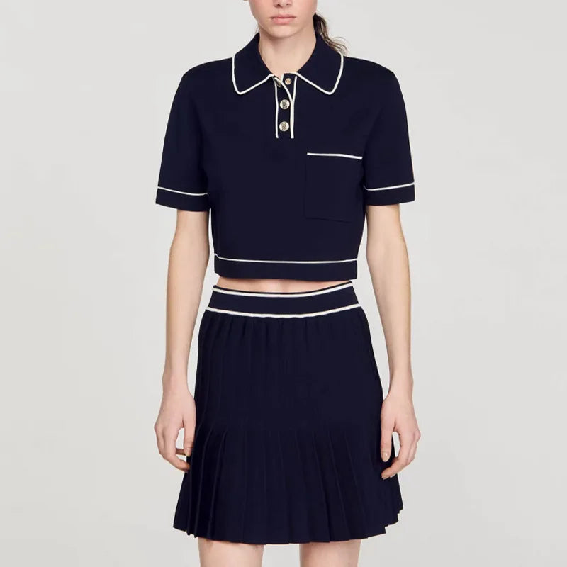 Short Sleeve Single-breasted Tops Mini Skirt Women Summer Knit 2Pcs
