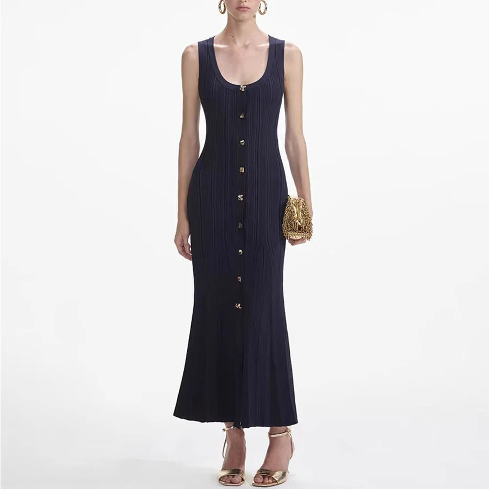 Sleeveless Single-breasted Women Fit And Flare Knit Long Dress