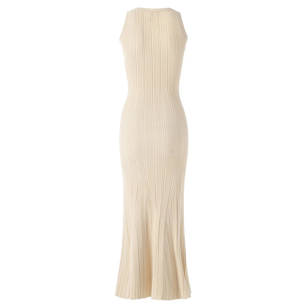 Sleeveless Single-breasted Women Fit And Flare Knit Long Dress
