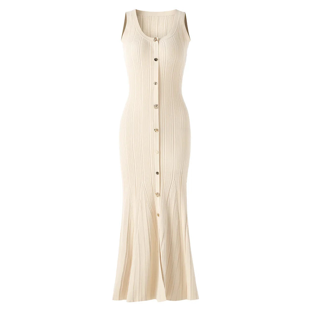 Sleeveless Single-breasted Women Fit And Flare Knit Long Dress