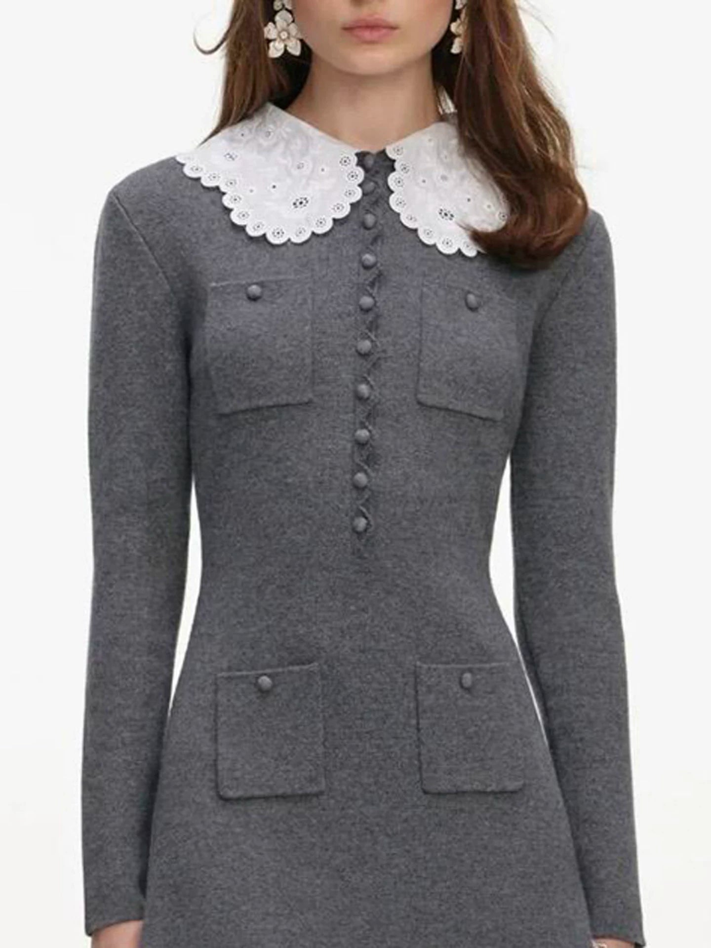 Women's Gray Long Sleeve Knit Fitted Dress