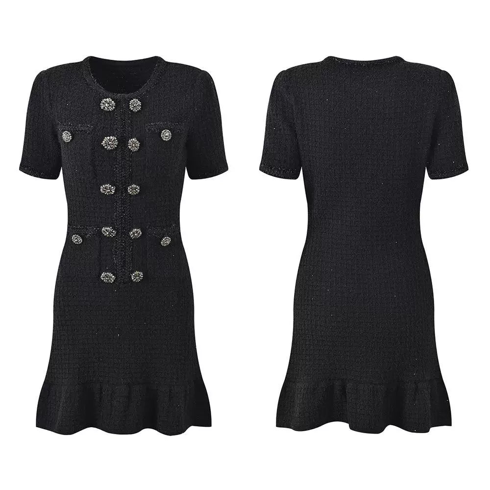 Women's High Quality Black Diamond Short Sleeve Dress