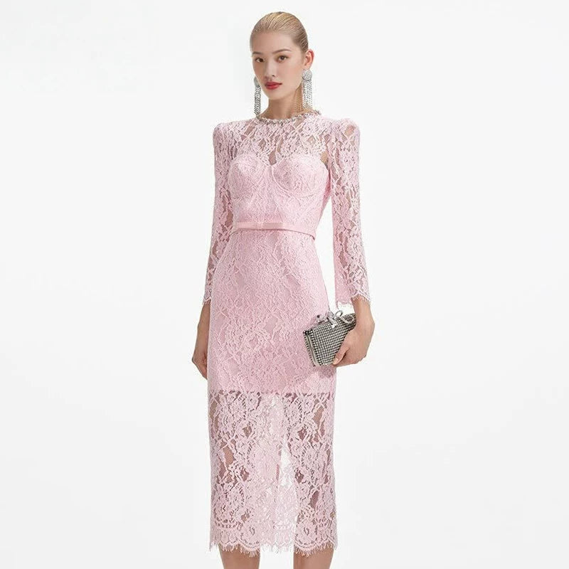 Women's pink lace diamond dress