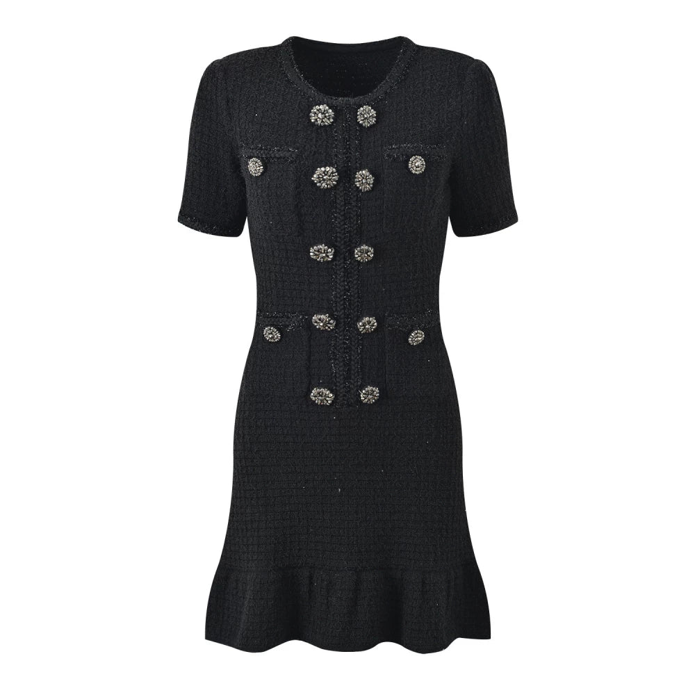 Women's High Quality Black Diamond Short Sleeve Dress