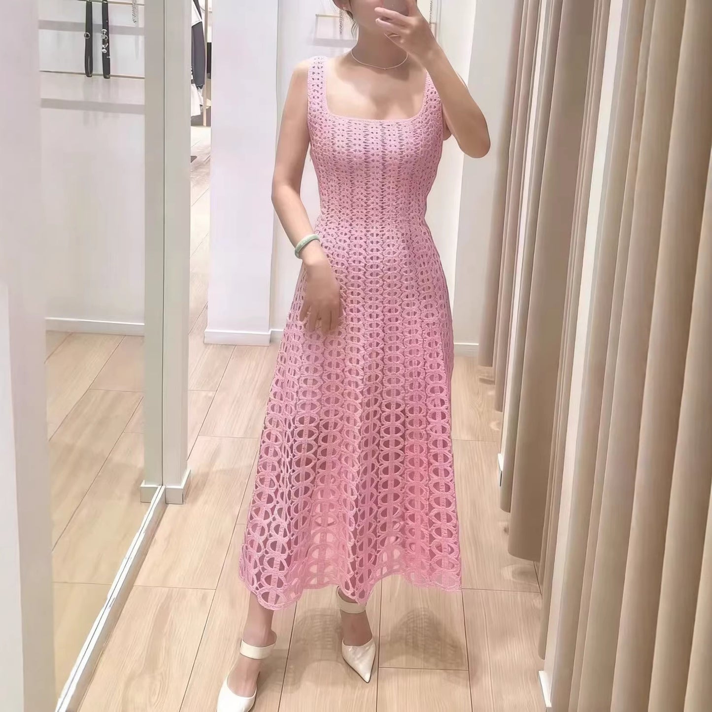 Women's pink diamond studded hollowed out party dress