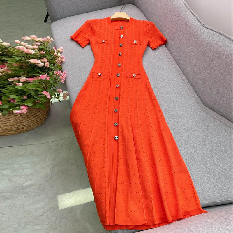 Women's Red Short Sleeve Single Row Buttoned Fitted Knit Dress