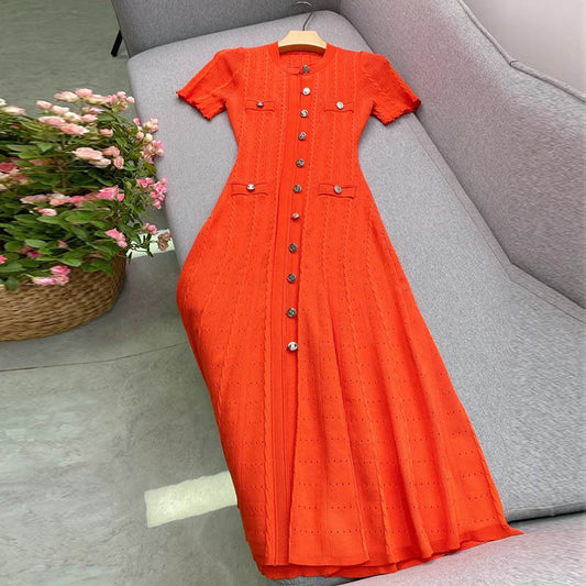 Women's Red Short Sleeve Single Row Buttoned Fitted Knit Dress