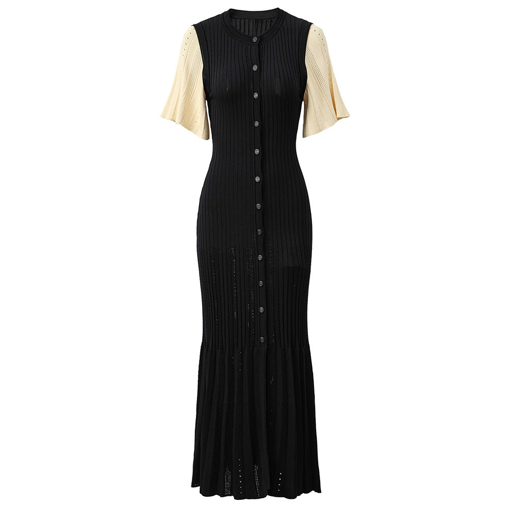 Women's round neck short sleeve knitted slim maxi dress