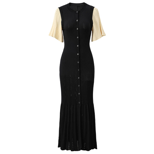 Women's round neck short sleeve knitted slim maxi dress