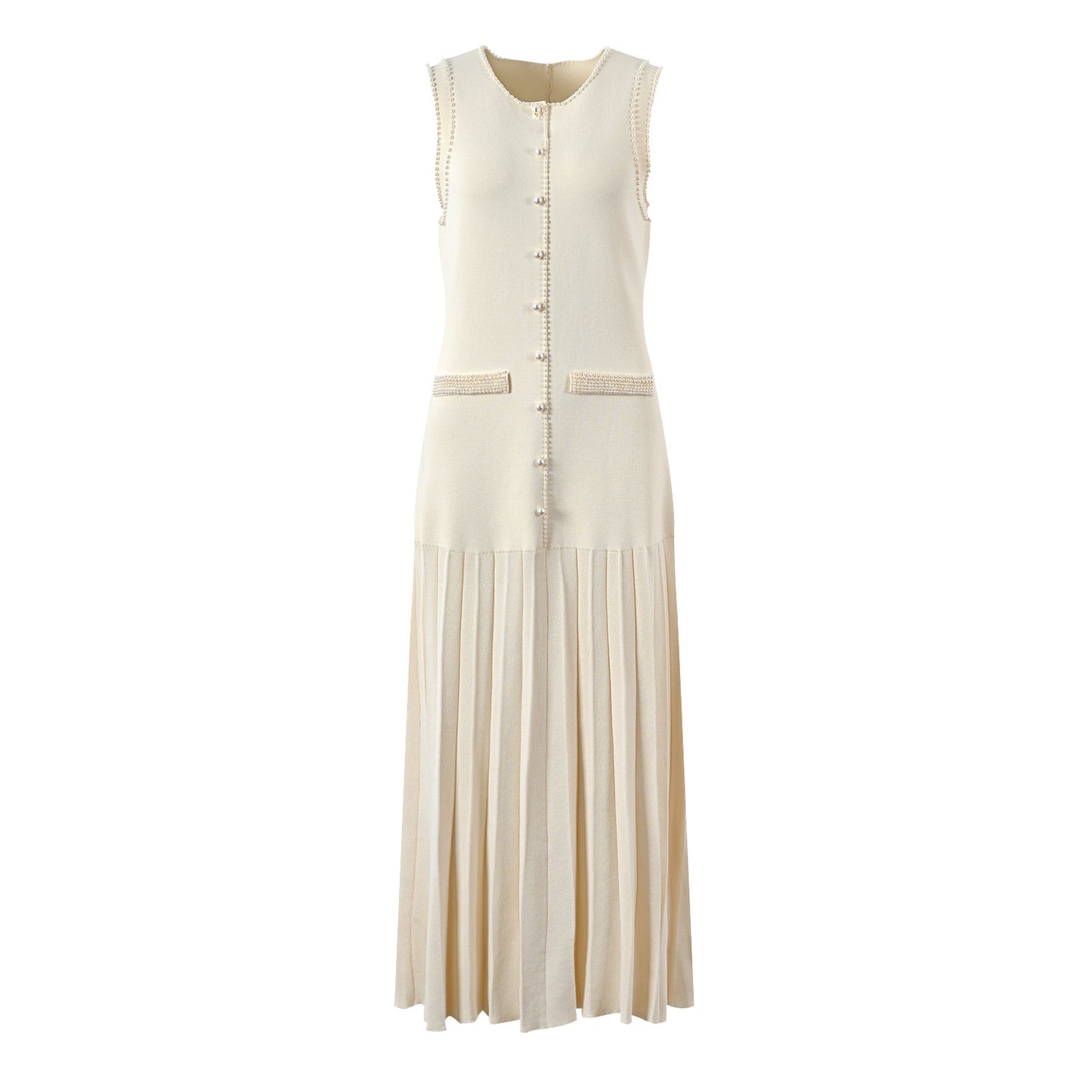 A woman's beige cardigan paired with a slim-fitting knitted dress