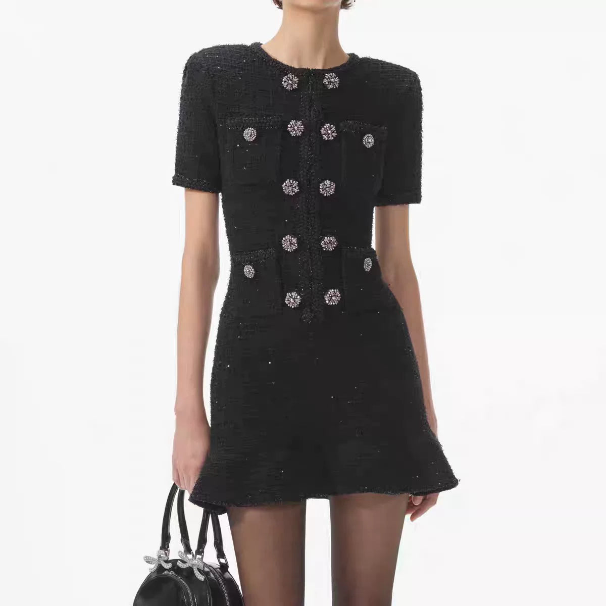Women's High Quality Black Diamond Short Sleeve Dress