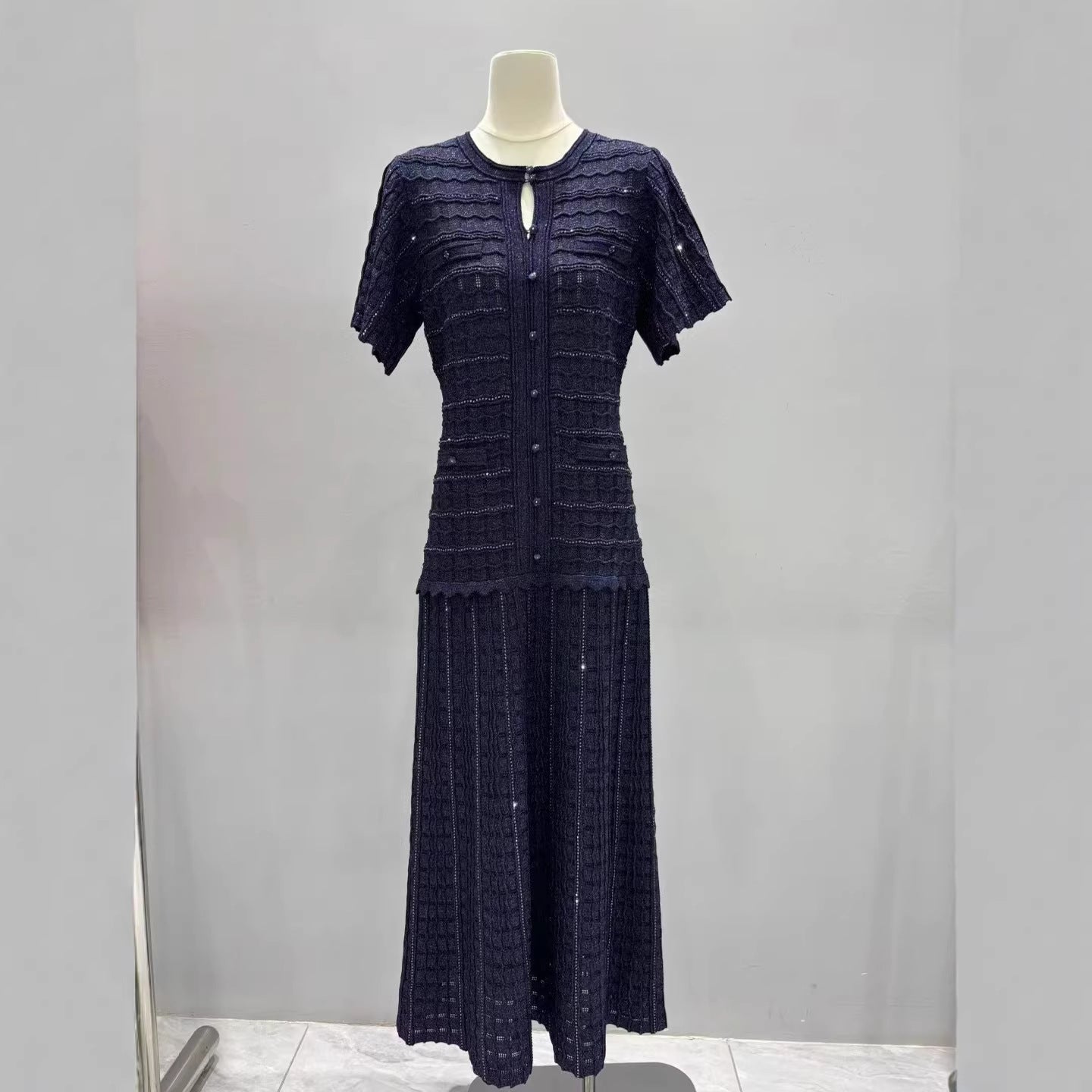 Women's High Quality Version Deep Blue Multi Diamond Lined Knitted Dress