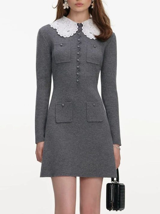 Women's Gray Long Sleeve Knit Fitted Dress