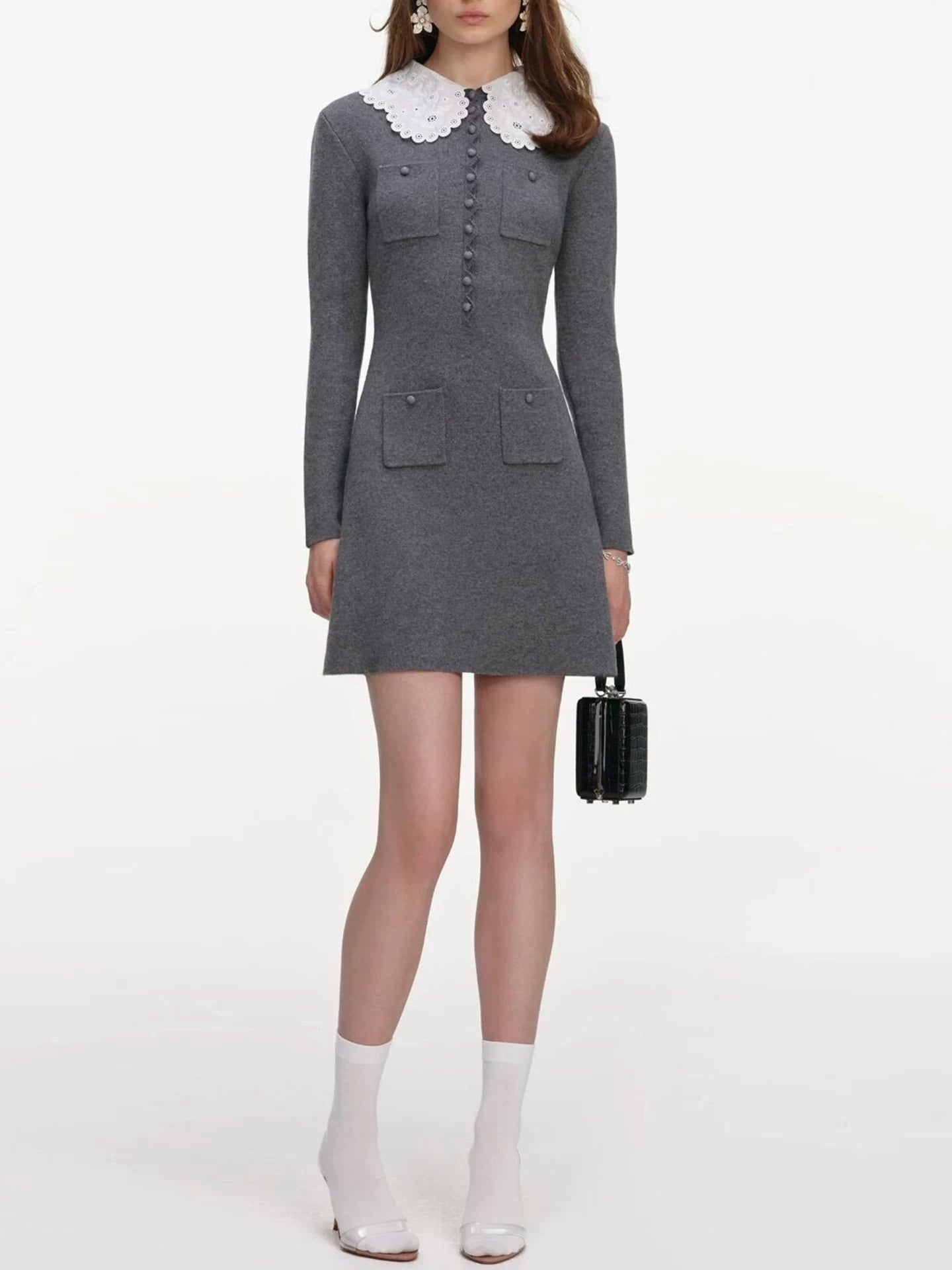 Women's Gray Long Sleeve Knit Fitted Dress