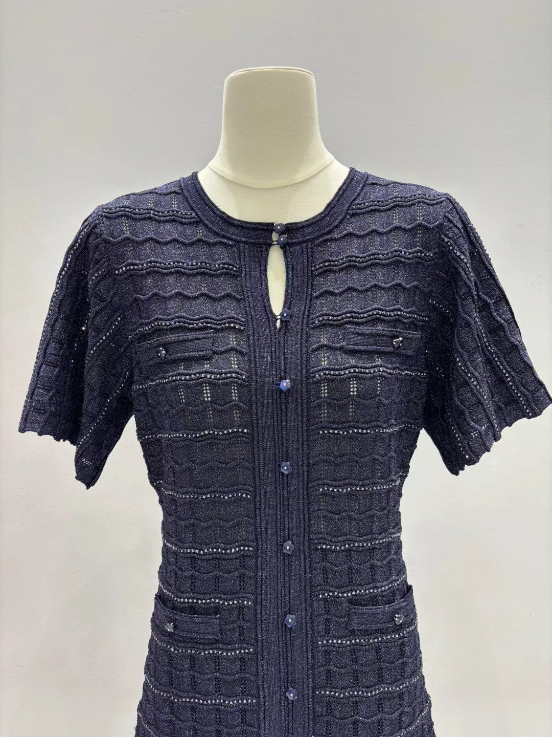 Women's High Quality Version Deep Blue Multi Diamond Lined Knitted Dress
