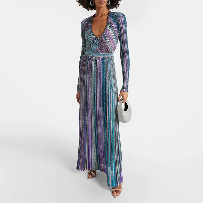 Women's long sleeve V-neck knitted dress