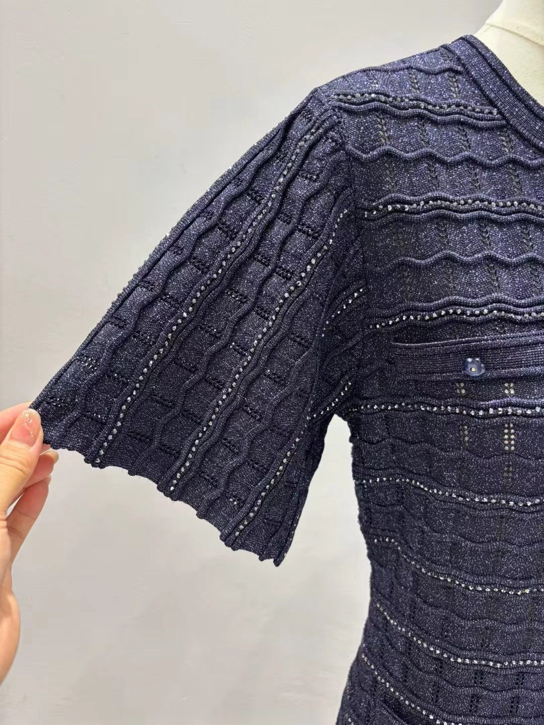 Women's High Quality Version Deep Blue Multi Diamond Lined Knitted Dress