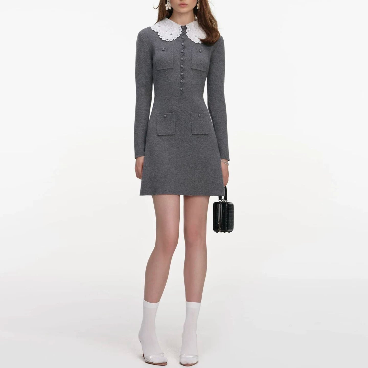 Women's Gray Long Sleeve Knit Fitted Dress