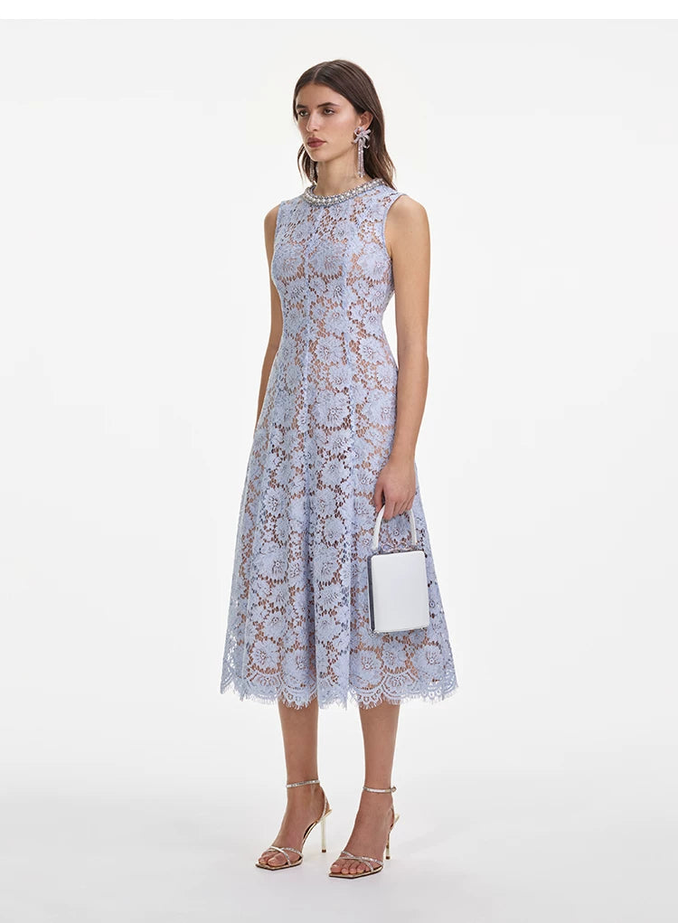 Blue lace hollow out elegant women's dress