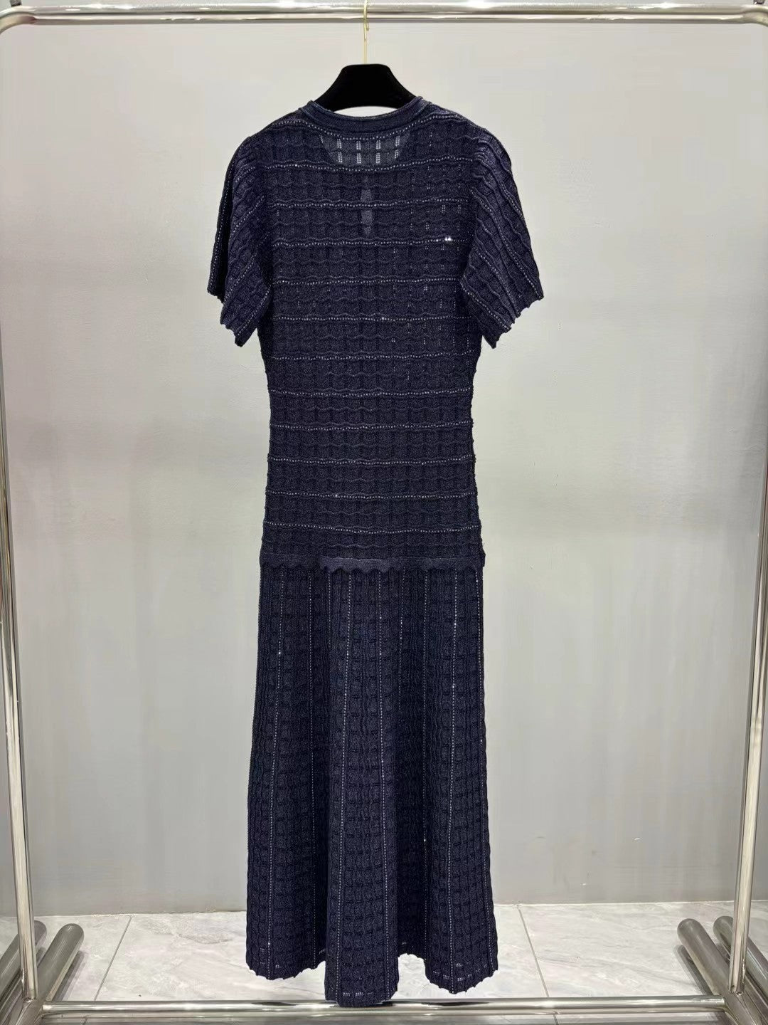 Women's High Quality Version Deep Blue Multi Diamond Lined Knitted Dress
