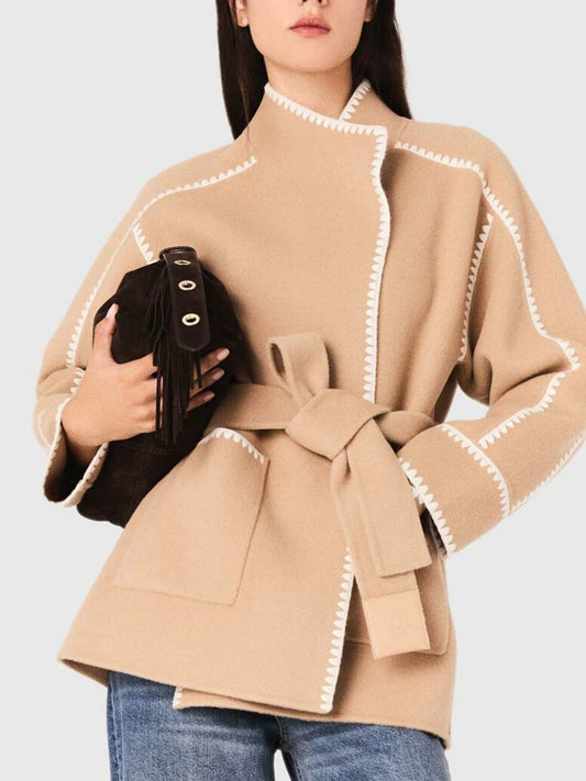 Women's French wool blend lace up short double-sided woolen coat