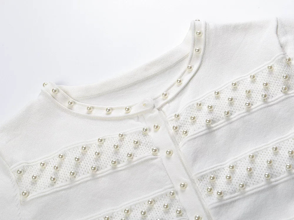 Women's White Pearl Knitted Two Piece Set