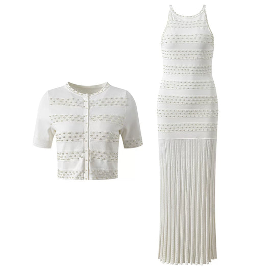 Women's White Pearl Knitted Two Piece Set