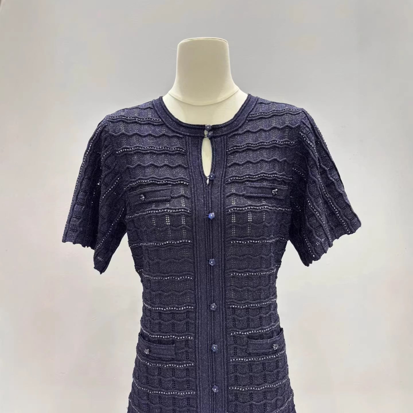 Women's High Quality Version Deep Blue Multi Diamond Lined Knitted Dress