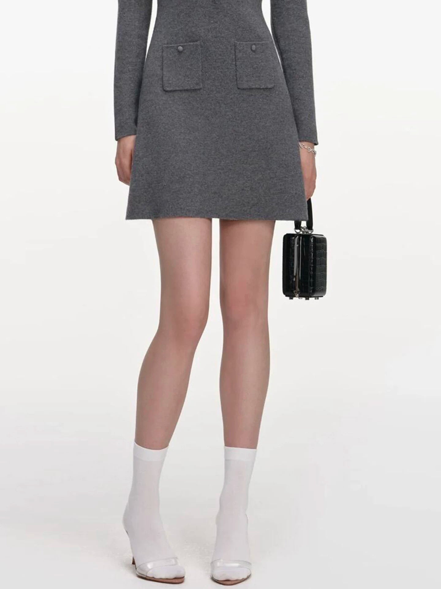 Women's Gray Long Sleeve Knit Fitted Dress
